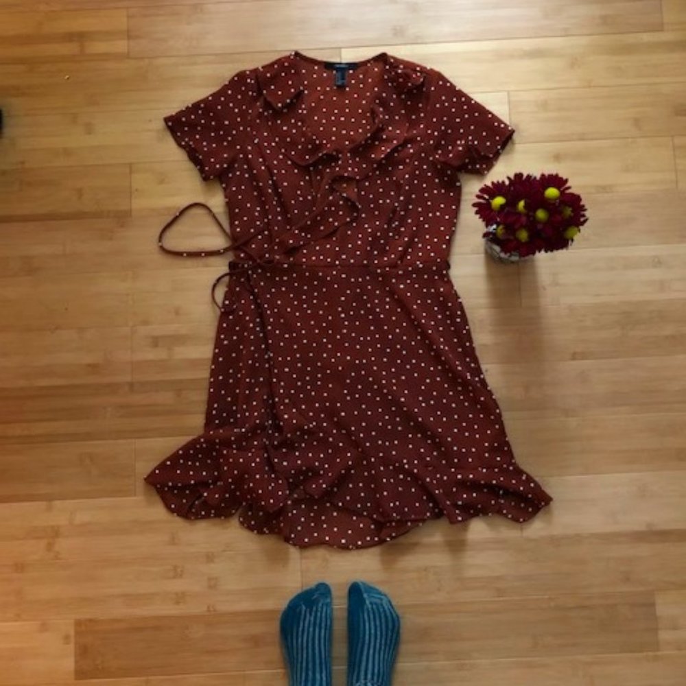 Brown and White Polka Dot Ruffled Wraparound Dress